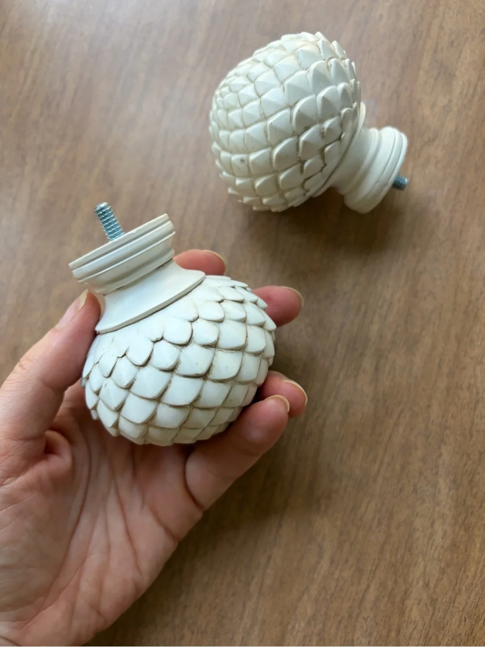 Decorative Carved White Finial Set - Pinecone/Artichoke Style